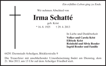 Traueranzeige von Irma Schatte von Echo-Zeitungen (Gesamtausgabe)