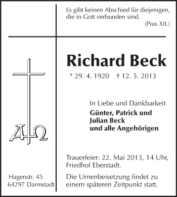 Traueranzeige von Richard Beck von Echo-Zeitungen (Gesamtausgabe)