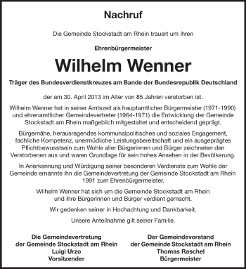 Traueranzeige von Wilhelm Wenner von Rüsselsheimer Echo, Groß-Gerauer-Echo, Ried Echo