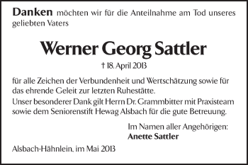 Traueranzeige von Werner Georg Sattler von Echo-Zeitungen (Gesamtausgabe)
