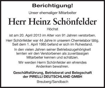 Traueranzeige von Helmut Schönfelder von Odenwälder Echo