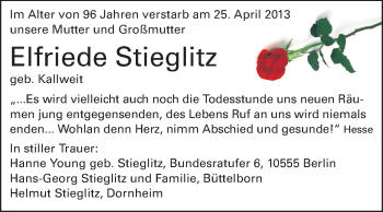 Traueranzeige von Elfriede Stieglitz von Rüsselsheimer Echo, Groß-Gerauer-Echo, Ried Echo