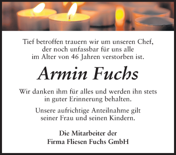 Traueranzeige von Armin Fuchs von Rüsselsheimer Echo, Groß-Gerauer-Echo, Ried Echo