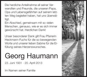 Traueranzeige von Georg Haumann von Echo-Zeitungen (Gesamtausgabe)