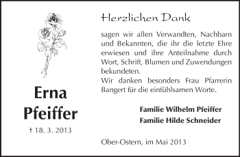 Traueranzeige von Erna Pfeiffer von Odenwälder Echo