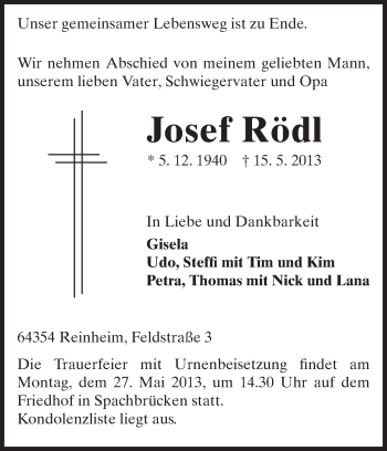 Traueranzeige von Josef Rödl von Echo-Zeitungen (Gesamtausgabe)