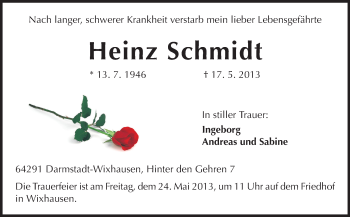 Traueranzeige von Heinz Schmidt von Echo-Zeitungen (Gesamtausgabe)