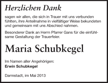 Traueranzeige von Maria Schubkegel von Echo-Zeitungen (Gesamtausgabe)