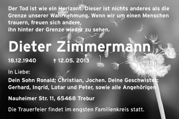 Traueranzeige von Dieter Zimmermann von Rüsselsheimer Echo, Groß-Gerauer-Echo, Ried Echo