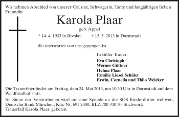 Traueranzeige von Karola Plaar von Echo-Zeitungen (Gesamtausgabe)