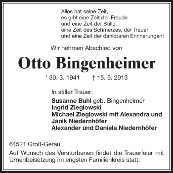 Traueranzeige von Otto Bingenheimer von Rüsselsheimer Echo, Groß-Gerauer-Echo, Ried Echo