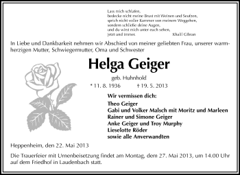 Traueranzeige von Helga Geiger von Starkenburger Echo