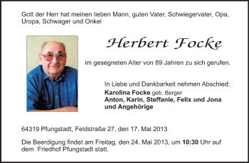 Traueranzeige von Herbert Focke von Echo-Zeitungen (Gesamtausgabe)