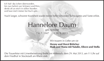 Traueranzeige von Hannelore Daum von Rüsselsheimer Echo, Groß-Gerauer-Echo, Ried Echo