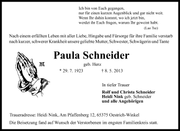 Traueranzeige von Paula Schneider von Rüsselsheimer Echo, Groß-Gerauer-Echo, Ried Echo
