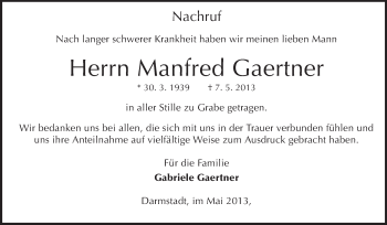 Traueranzeige von Manfred Gaertner von Echo-Zeitungen (Gesamtausgabe)