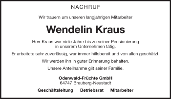 Traueranzeige von Wendelin Kraus von Odenwälder Echo