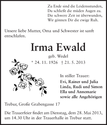 Traueranzeige von Irma Ewald von Rüsselsheimer Echo, Groß-Gerauer-Echo, Ried Echo