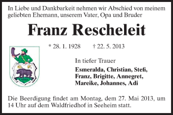 Traueranzeige von Franz Rescheleit von Echo-Zeitungen (Gesamtausgabe)
