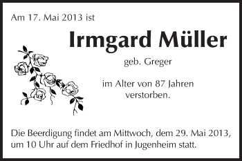 Traueranzeige von Irmgard Müller von Echo-Zeitungen (Gesamtausgabe)