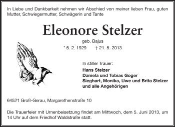 Traueranzeige von Eleonore Stelzer von Rüsselsheimer Echo, Groß-Gerauer-Echo, Ried Echo