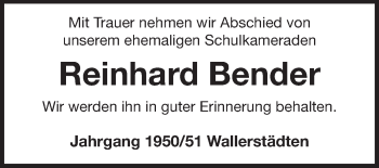 Traueranzeige von Reinhard Bender von Rüsselsheimer Echo, Groß-Gerauer-Echo, Ried Echo