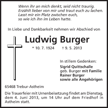 Traueranzeige von Ludwig Burger von Rüsselsheimer Echo, Groß-Gerauer-Echo, Ried Echo