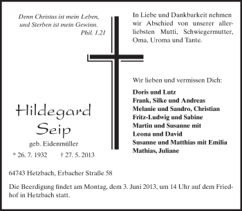 Traueranzeige von Hildegard Seip von Odenwälder Echo