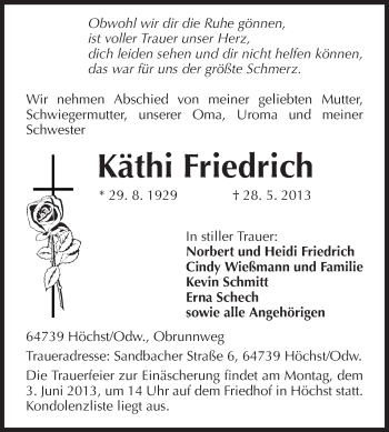 Traueranzeige von Käthi Friedrich von Odenwälder Echo