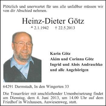 Traueranzeige von Heinz-Dieter Götz von Echo-Zeitungen (Gesamtausgabe)