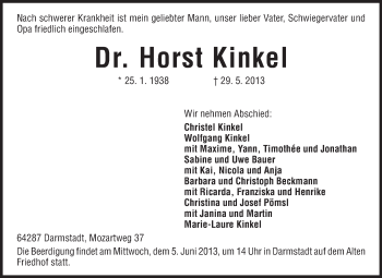 Traueranzeige von Horst Kinkel von Echo-Zeitungen (Gesamtausgabe)