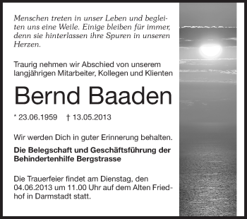 Traueranzeige von Bernd Baaden von Starkenburger Echo