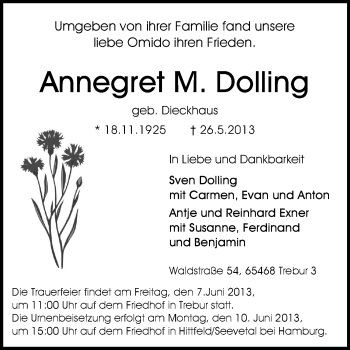 Traueranzeige von Annegret Dolling von Rüsselsheimer Echo, Groß-Gerauer-Echo, Ried Echo