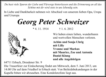 Traueranzeige von Georg Peter Schweizer von Odenwälder Echo