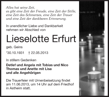 Traueranzeige von Lieselotte Erfurt von Rüsselsheimer Echo, Groß-Gerauer-Echo, Ried Echo