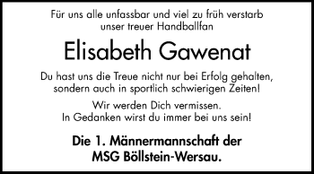 Traueranzeige von Elisabeth Gawenat von Odenwälder Echo