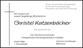 Traueranzeige von Christel Katzenbächer von Rüsselsheimer Echo, Groß-Gerauer-Echo, Ried Echo