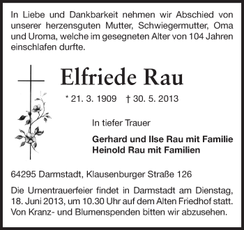 Traueranzeige von Elfriede Rau von Echo-Zeitungen (Gesamtausgabe)