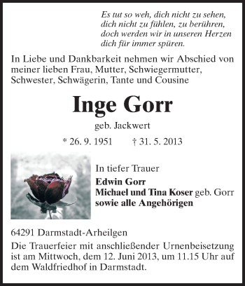 Traueranzeige von Inge Gorr von Echo-Zeitungen (Gesamtausgabe)