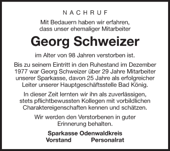 Traueranzeige von Georg Schweizer von Odenwälder Echo
