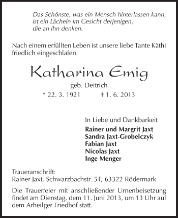 Traueranzeige von Katharina Emig von Echo-Zeitungen (Gesamtausgabe)