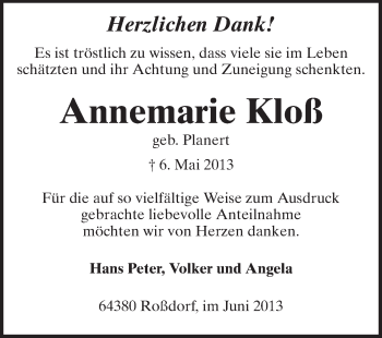 Traueranzeige von Annemarie Kloß von Echo-Zeitungen (Gesamtausgabe)