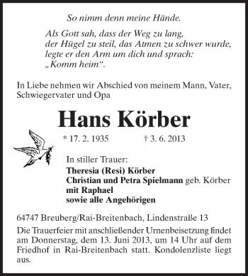 Traueranzeige von Hans Körber von Odenwälder Echo