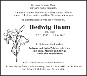Traueranzeige von Hedwig Daum von Rüsselsheimer Echo, Groß-Gerauer-Echo, Ried Echo