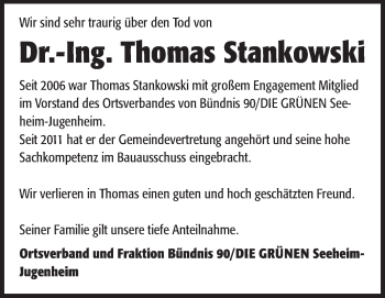 Traueranzeige von Thomas Stankowski von Echo-Zeitungen (Gesamtausgabe)