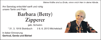 Traueranzeige von Barabara Zipperer  von Odenwälder Echo