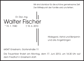 Traueranzeige von Walter Fischer von Echo-Zeitungen (Gesamtausgabe)