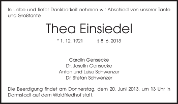 Traueranzeige von Thea Einsiedel von Darmstädter Echo, Odenwälder Echo, Rüsselsheimer Echo, Groß-Gerauer-Echo, Ried Echo