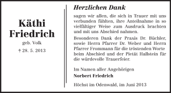 Traueranzeige von Käthi Friedrich von Odenwälder Echo