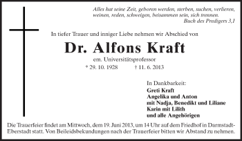 Traueranzeige von Alfons Kraft von Echo-Zeitungen (Gesamtausgabe)
